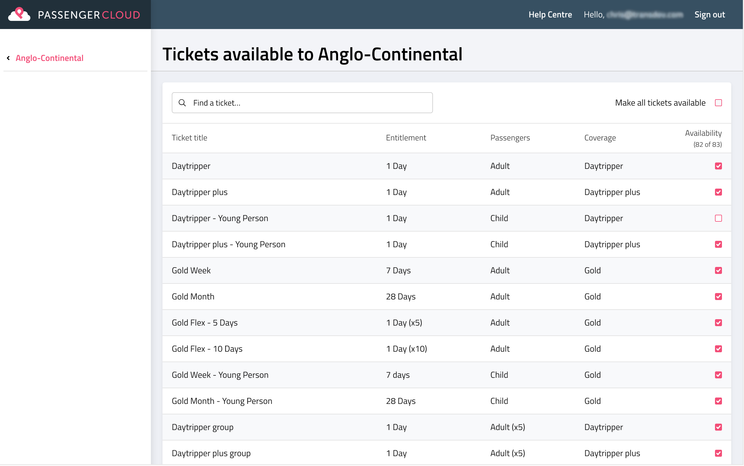 Screenshot of ticket list filter with checkboxes for each ticket product