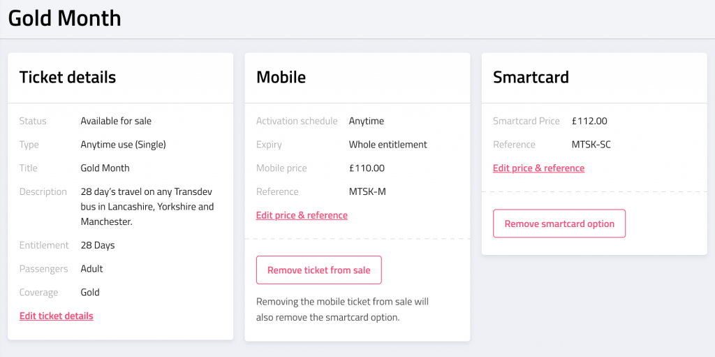 screenshot showing ticket example with details for mobile and smartcard