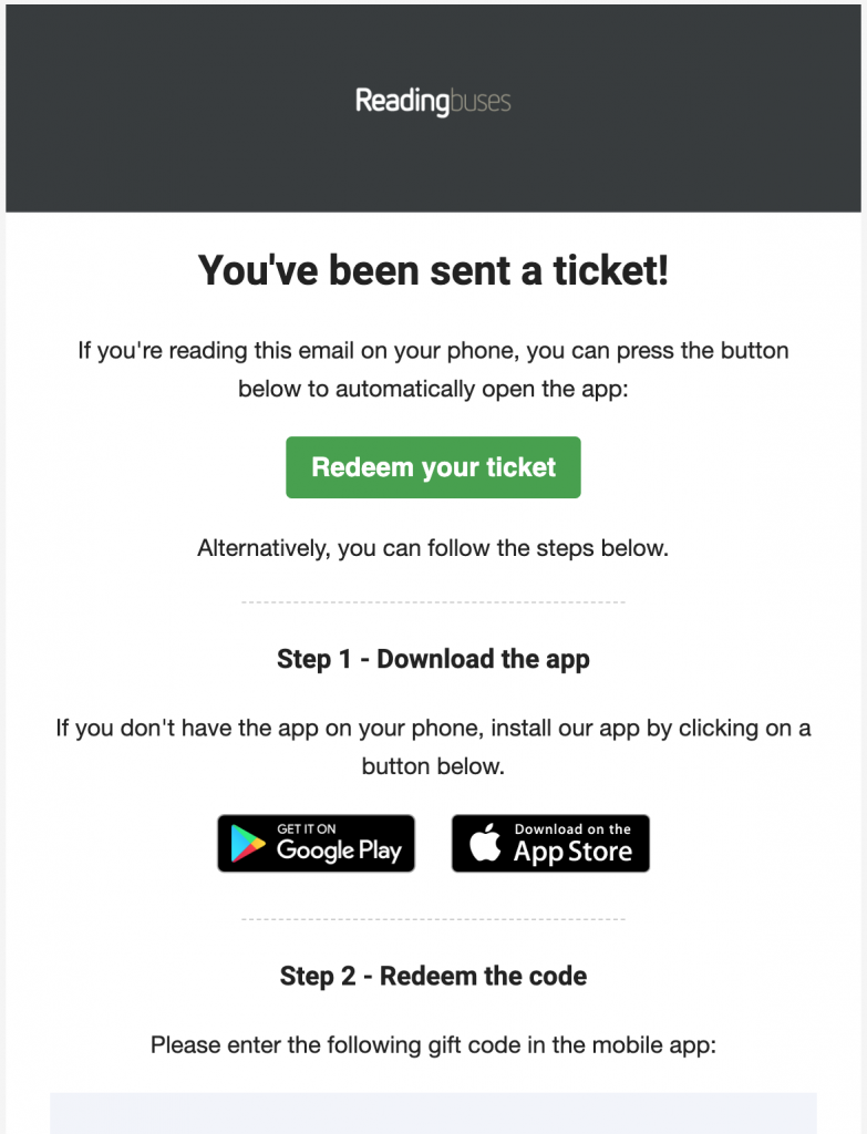 screenshot of an email saying 'you've been sent a ticket' with instructions to redeem