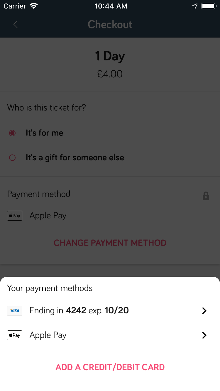 in-app checkout screen displaying payment methods pop-up