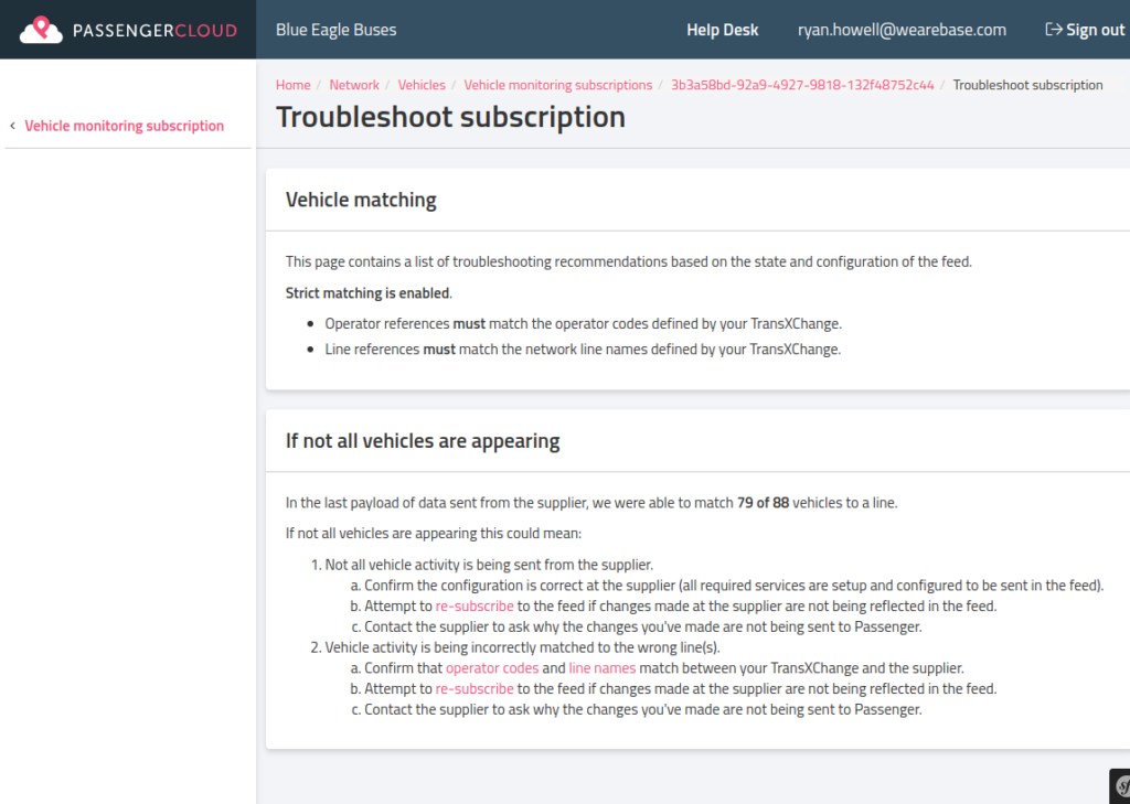 Troubleshooting page for a subscription, with a recommendation on how to handle vehicles not appearing.