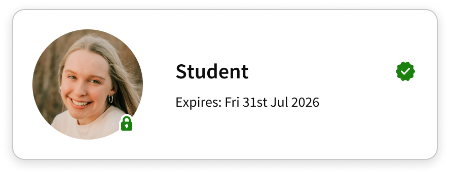 Screenshot shows verification status as confirmed using a green tick, along with the type of verification being Student, and an expiry date of Friday 31st July 2026