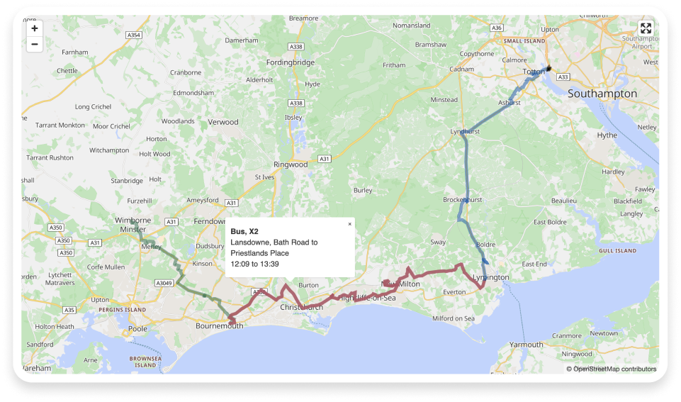 A colour map shows a journey plan with multiple legs coloured in green, red and blue across an area of the south coast