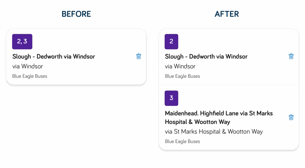 Two images are shown side by side, the left one is shown with a before header - it has a single card layout showing the 2 and 3 lines grouped together. The right one has a header saying after and shows two cards with the 2 and 3 shown separately